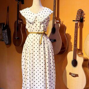 White Polka Dot Midi Dress Lace Trim Vintage